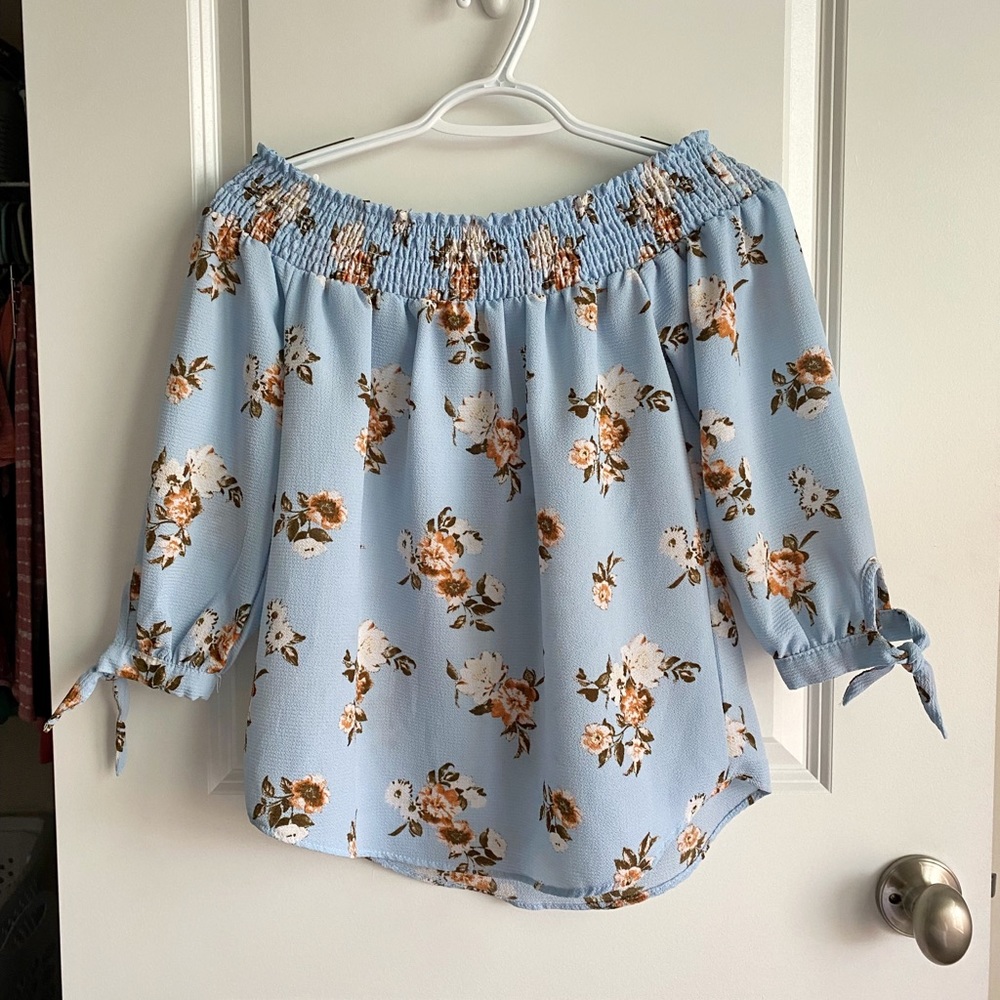 Off the Shoulder Blouse | Baby Blue Blouse | Shirt Tail Hem | Floral Blouse
